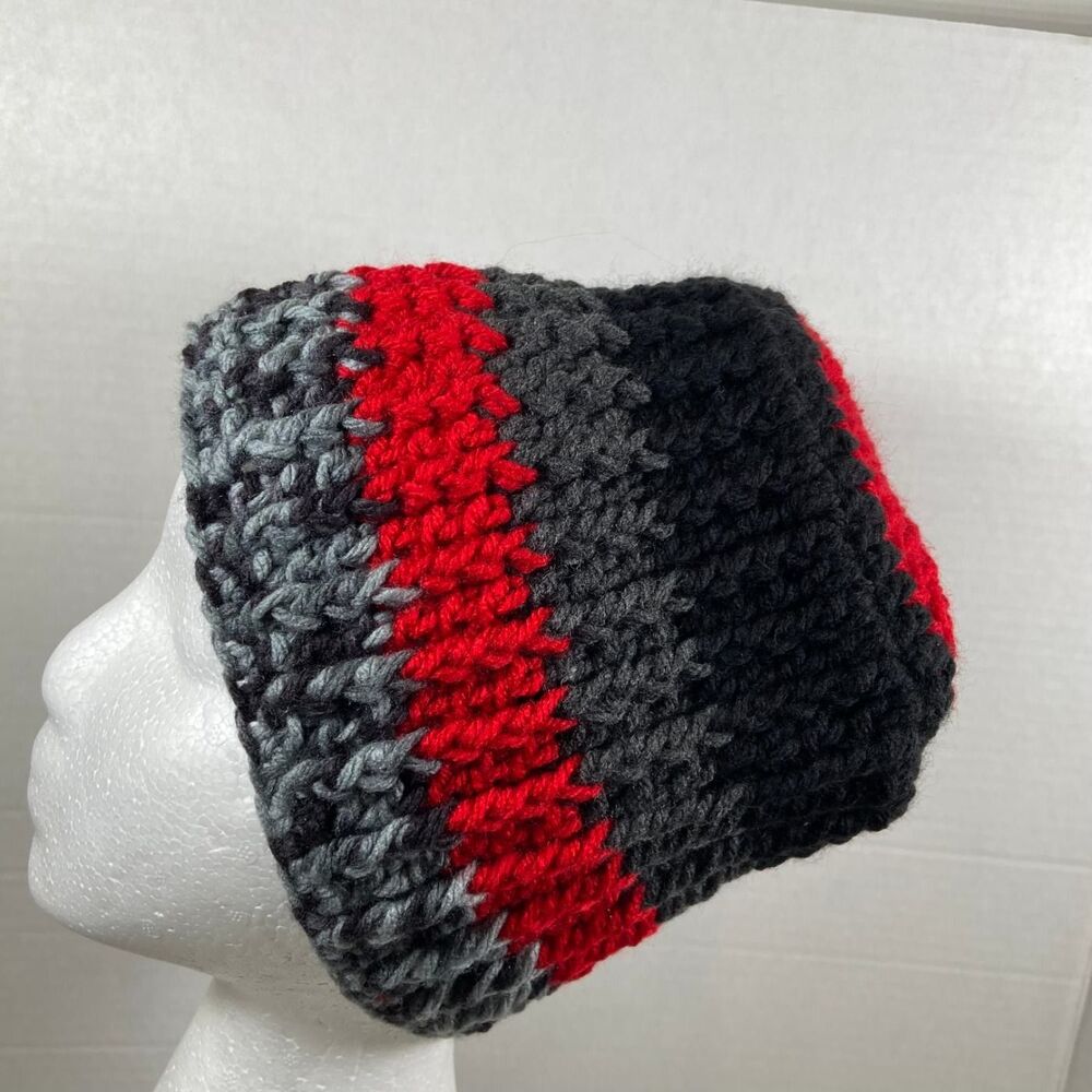 Unbranded Black Red Gray Striped Knit Beanie Winter Hat